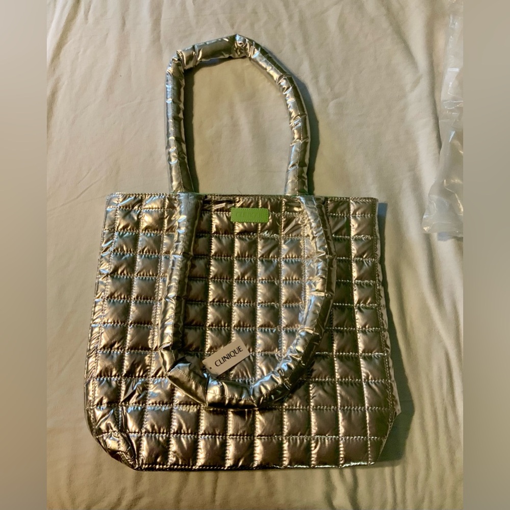 Shiny silver soft quilted tote with